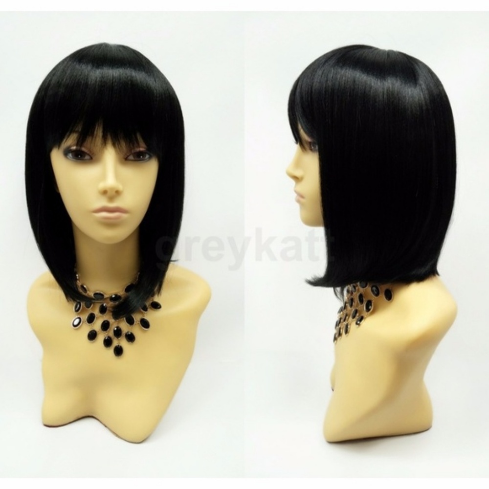 black long bob heat resistant wig w/ bangs